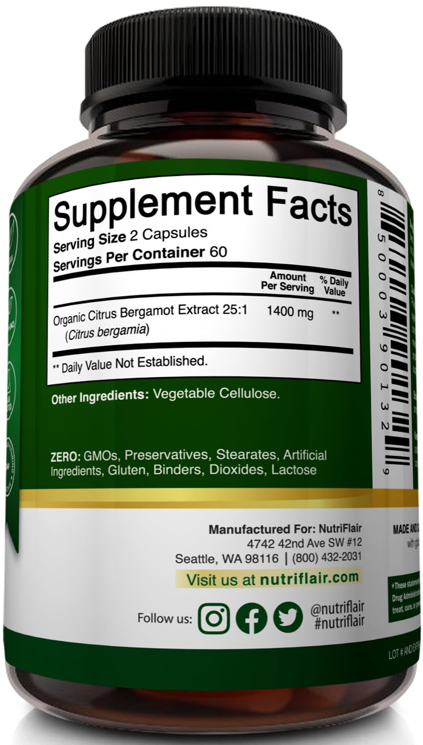 NutriFlair Organic Citrus Bergamot 1400mg, 120 Capsules - 25:1 Bergamia - Essential Oil and Citrus Bioflavonoids - Natural Heart Health Supplements NutriFlair