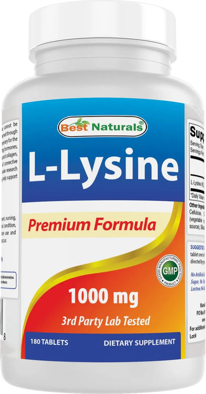 Best Naturals L-Lysine 1000mg 180 Tablets - Double Strength Lysine for stronger immune health & cold sores Best Naturals