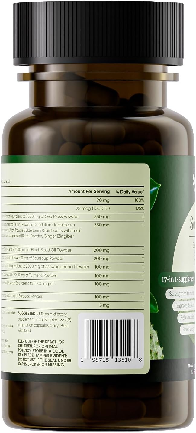 Serene Herbs 17-in-1 Sea Moss Capsules with Irish Seamoss, Black Seed Oil, Ashwagandha, Turmeric & Bladderwrack - Advanced Immunity, Energy & Gut Support - Natural Herbal Supplement - 60 Count