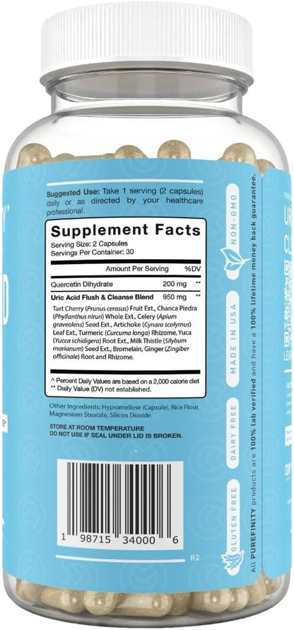 PUREFINITY Uric Acid Flush & Cleanse Capsules – Daily Joint Support for Adults with Tart Cherry Extract, Turmeric, Celery Seed, Chanca Piedra, and Bromelain (30 Count)
