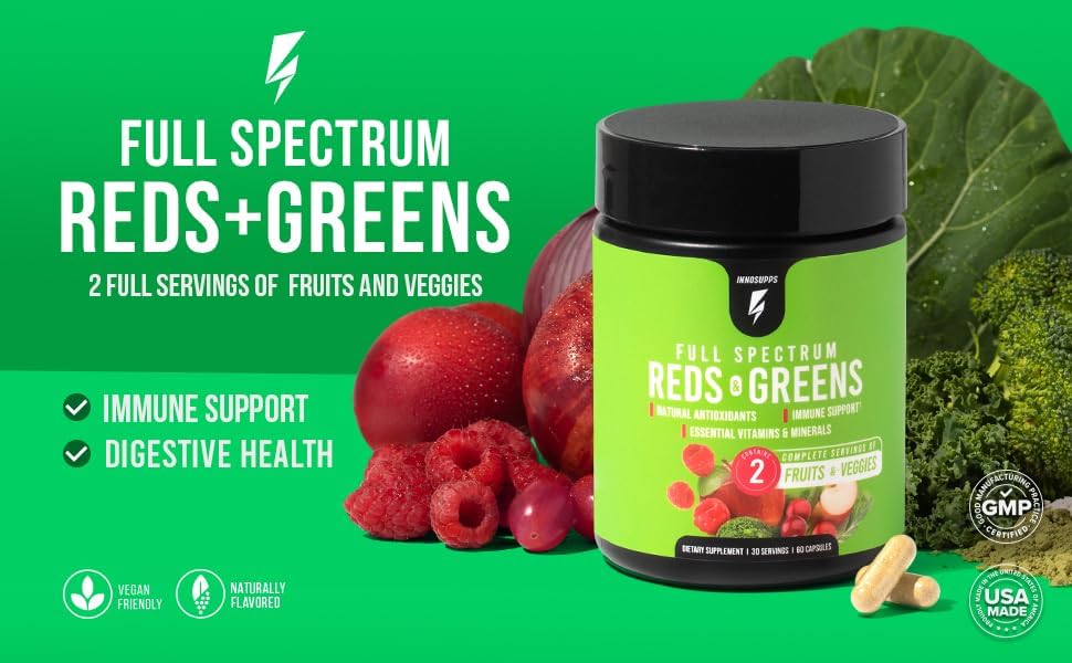 InnoSupps Full Spectrum Reds & Greens Superfood Capsules – Fruit & Vegetable Blend with Spirulina & Chlorella, Antioxidant Immune & Gut Health Support Supplement