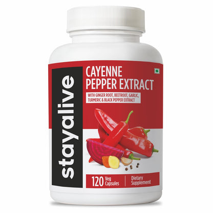 STAY ALIVE Cayenne Pepper Capsules, 6-in-1 Capsicum Blend w/Ginger, Garlic, Turmeric, Beet Root, and Black Pepper Extract, 120 Cayenne Capsules, STAY ALIVE