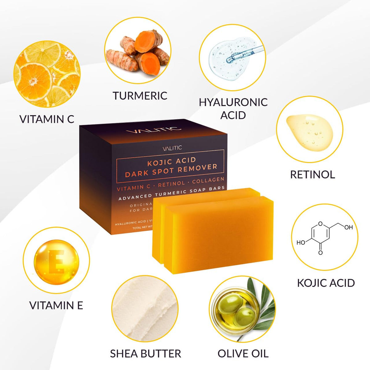 VALITIC Kojic Acid Dark Spot Remover Soap Bars, Turmeric Bar Soaps 2 Pack VALITIC