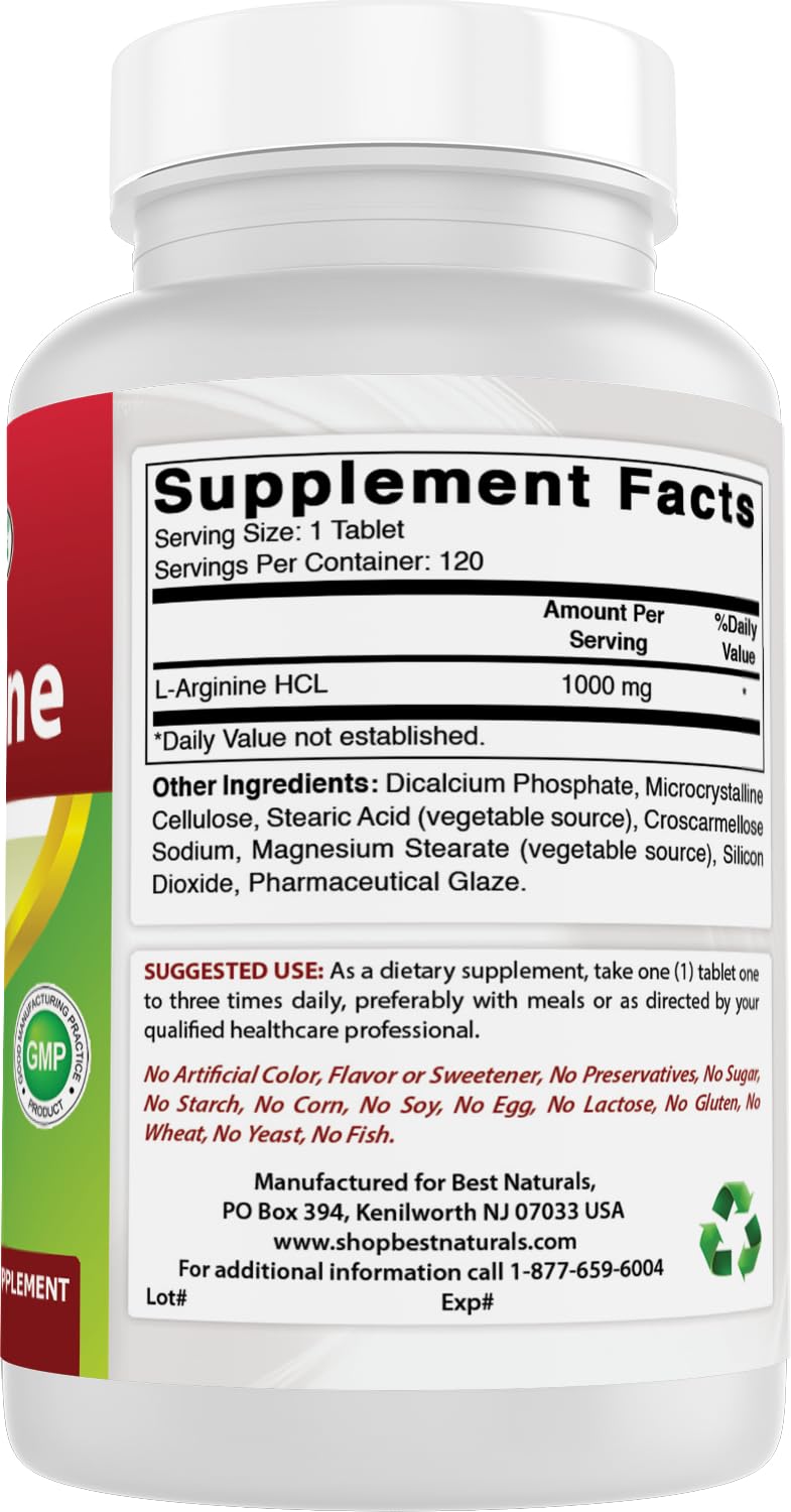 (New Improved Formula) Best Naturals L-Arginine 1000 mg 120 Tablets - Pharmaceutical Grade L Arginine Supplement Best Naturals