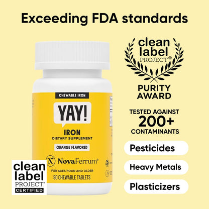 NovaFerrum Yay | Chewable Iron Supplement for Kids & Adults Ages 4 and Over | 18mg of Iron | 90 Servings | Sugar Free NovaFerrum