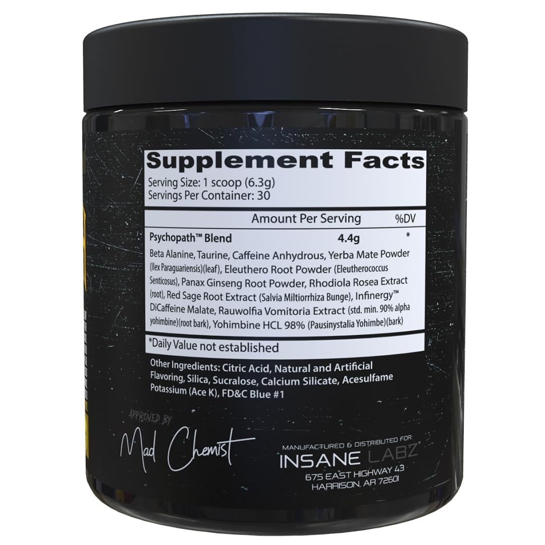 Psychopath, High Stimulant, Insane Energy, Focus and Endurance Preworkout Powder with Panax Ginseng, Rhodiola, Red Sage Root & Rauwolfia (30, Blue Raspberry)