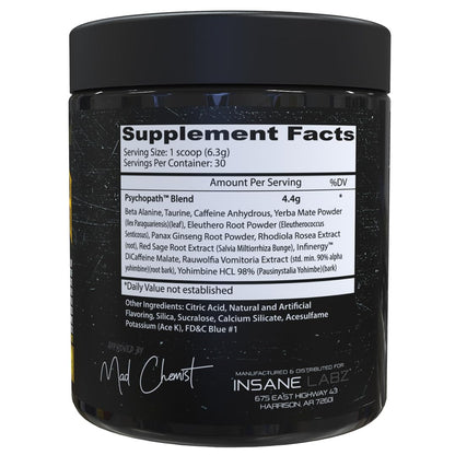 Psychopath, High Stimulant, Insane Energy, Focus and Endurance Preworkout Powder with Panax Ginseng, Rhodiola, Red Sage Root & Rauwolfia (30, Blue Raspberry)