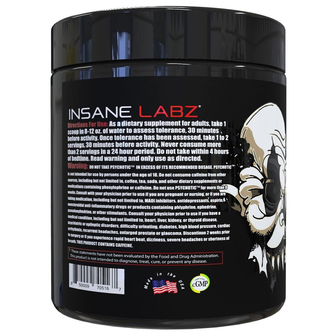 Insane Labz Psychotic Black Edition Mid Stimulant Pre Workout Powder, Energy Focus Pumps, Loaded with Creatine Beta Alanine Taurine Fueled by AMPiberry, 35 Servings (Blue Raspberry)