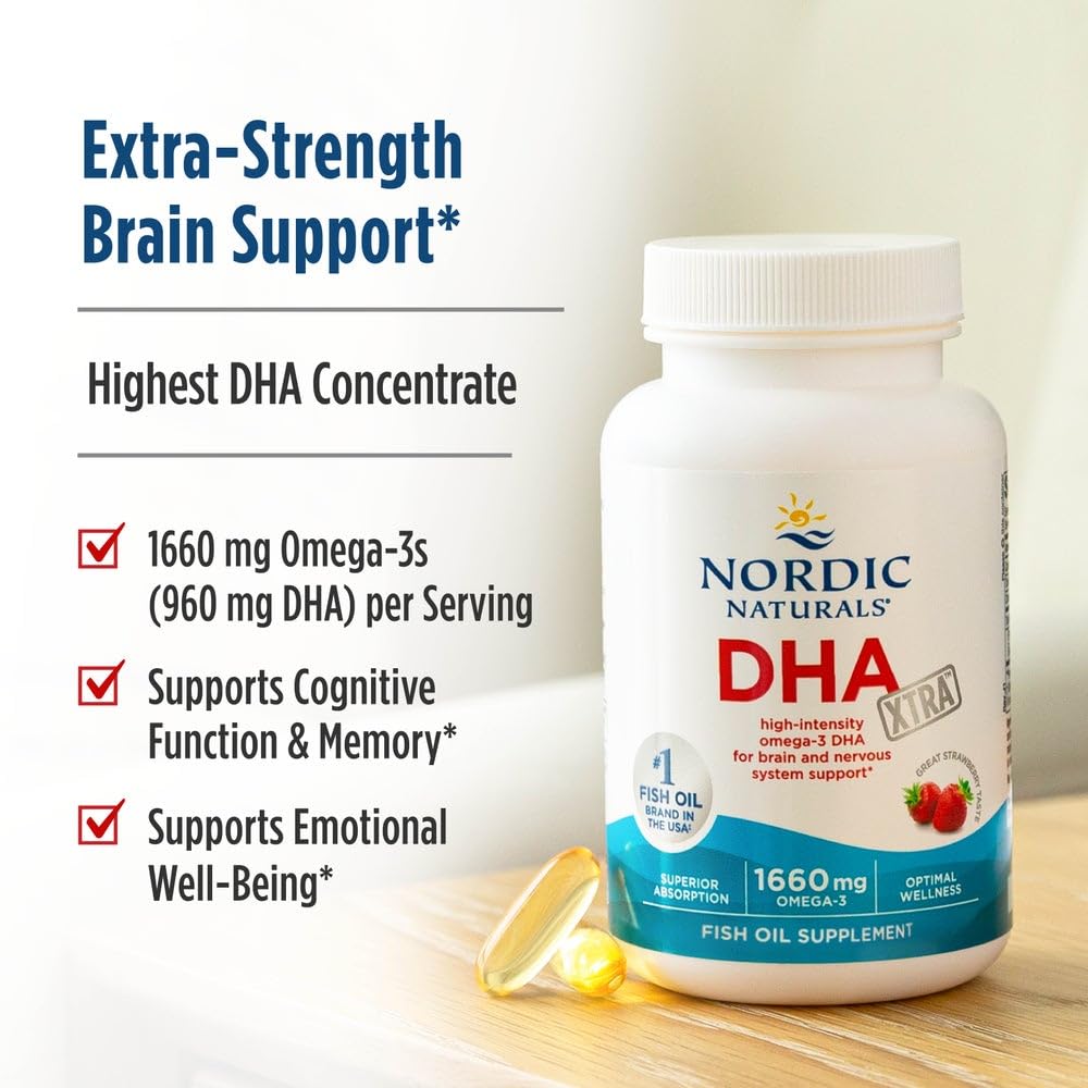 Nordic Naturals DHA Xtra, Strawberry - 90 Soft Gels - 1660 mg Omega-3 - High-Intensity DHA Formula for Brain & Nervous System Support Nordic Naturals