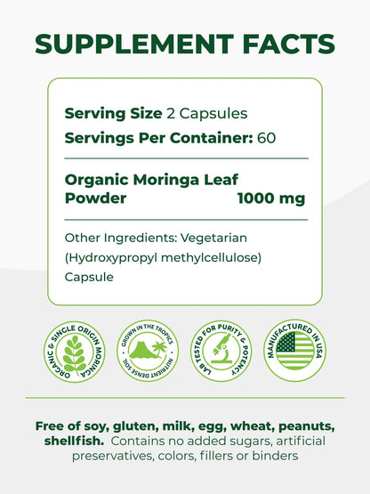 PURA VIDA MORINGA Organic Moringa Capsules, Pure Moringa Leaf Powder Single Origin for Energy, Metabolism & Immune Support Pura Vida Moringa