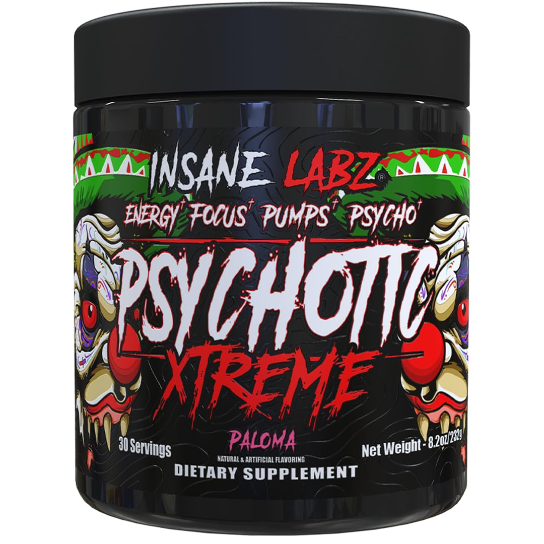 Insane Labz Psychotic Xtreme, High Stimulant Pre Workout Powder, Extreme Lasting Energy, Focus and Endurance with Beta Alanine, Panax Ginseng, Theobromine, DMAE (30 Servings, Fruit Punch)