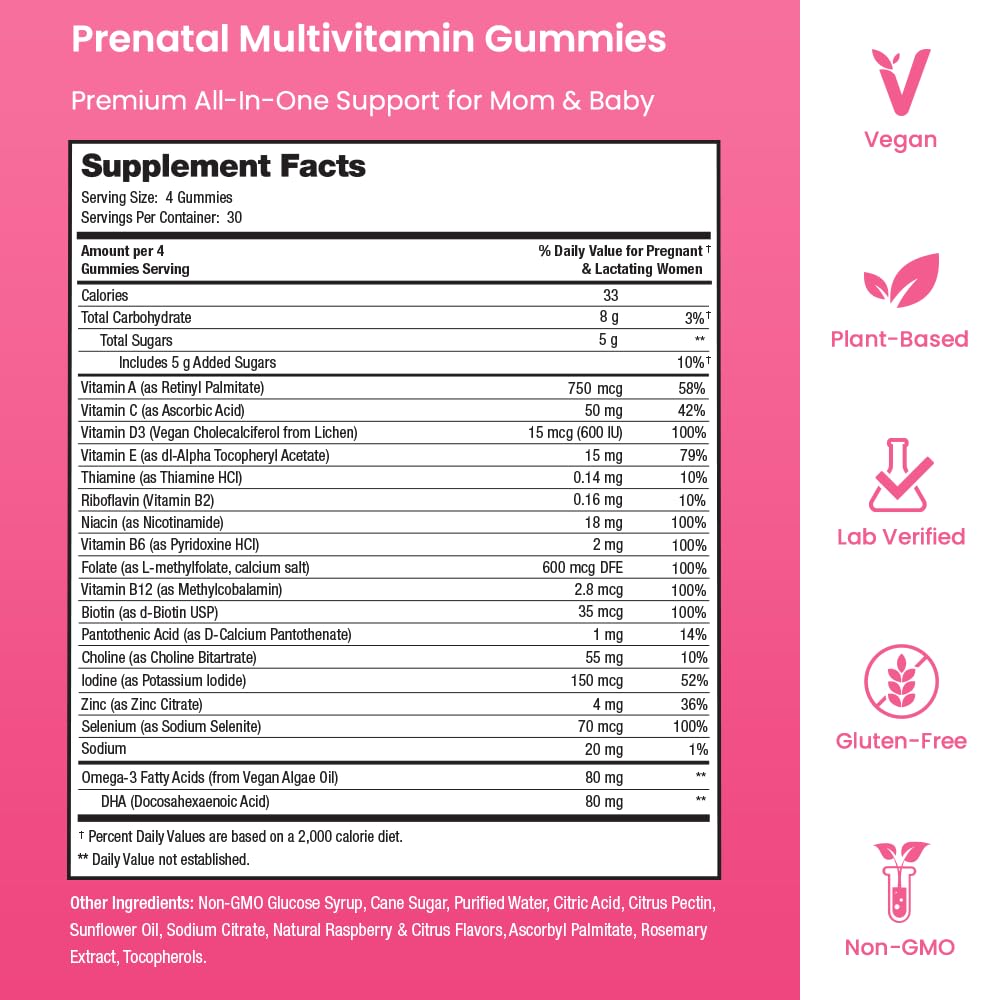 Prenatal Vitamin Gummies with DHA | Vegan Prenatal Vitamins for Women with Omega 3, Methylfolate, Choline & D3, Pregnancy Vitamins for Fetal Development Mother's Promise