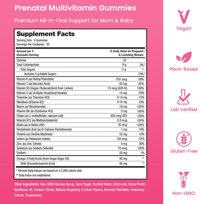 Prenatal Vitamin Gummies with DHA | Vegan Prenatal Vitamins for Women with Omega 3, Methylfolate, Choline & D3, Pregnancy Vitamins for Fetal Development Mother's Promise
