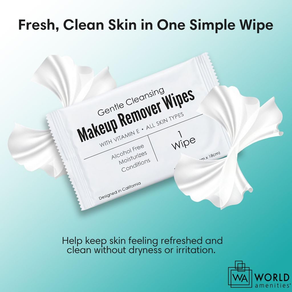 World Amenities Individual Makeup Remover Wipes, 50 Individually Wrapped World Amenities