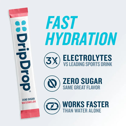 DripDrop Sugar Free Hydration Packets - Zero Classic Variety Pack - Single Serve Electrolytes Powder Drink Mix - Lemon Lime, Watermelon, Peach, Passion Fruit DripDrop