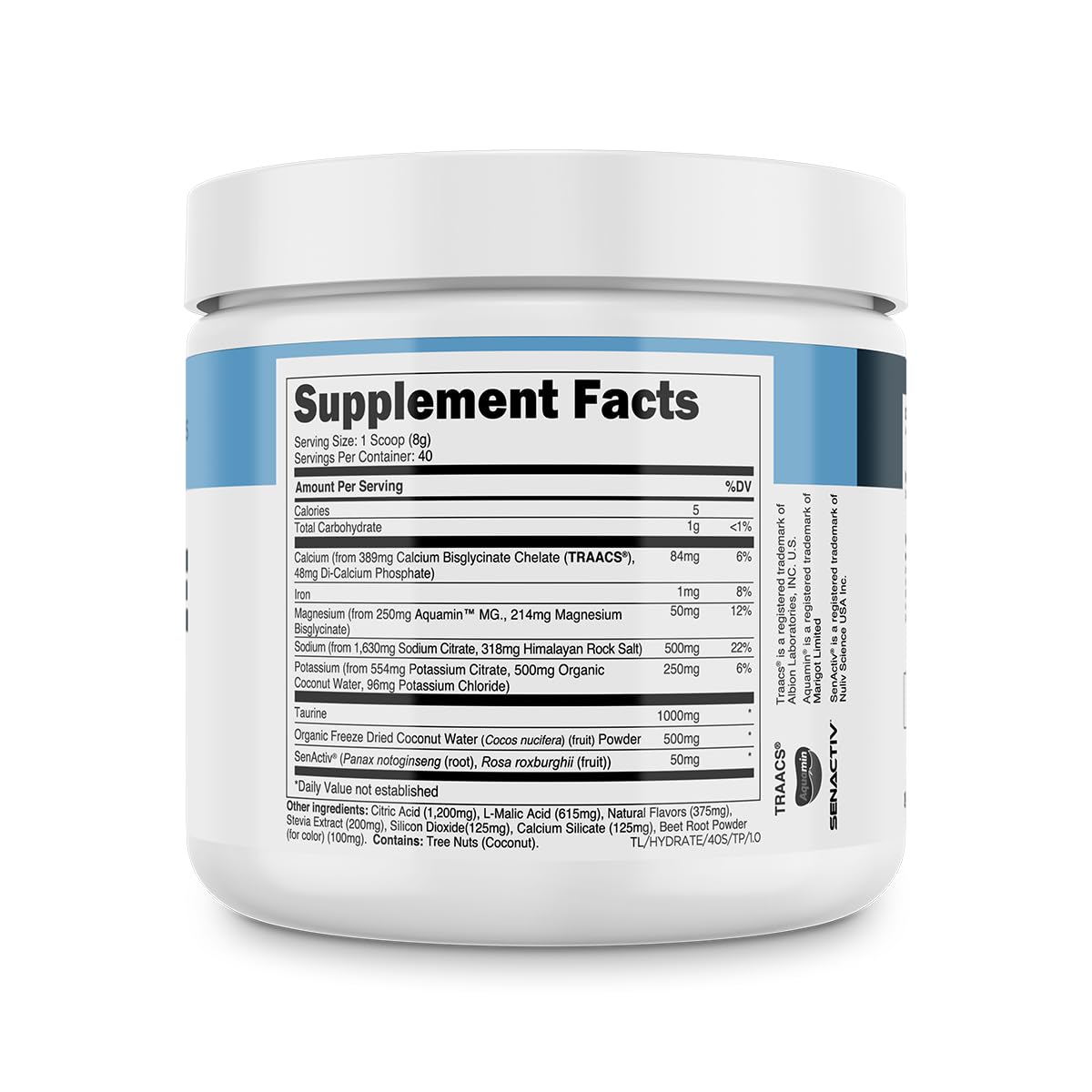 Transparent Labs Hydrate Naturally Sweetened Electrolytes Powder - Hydration Powder Electrolytes with Coconut Water, Calcium, Taurine, & Potassium - 40 Servings, Tropical Punch