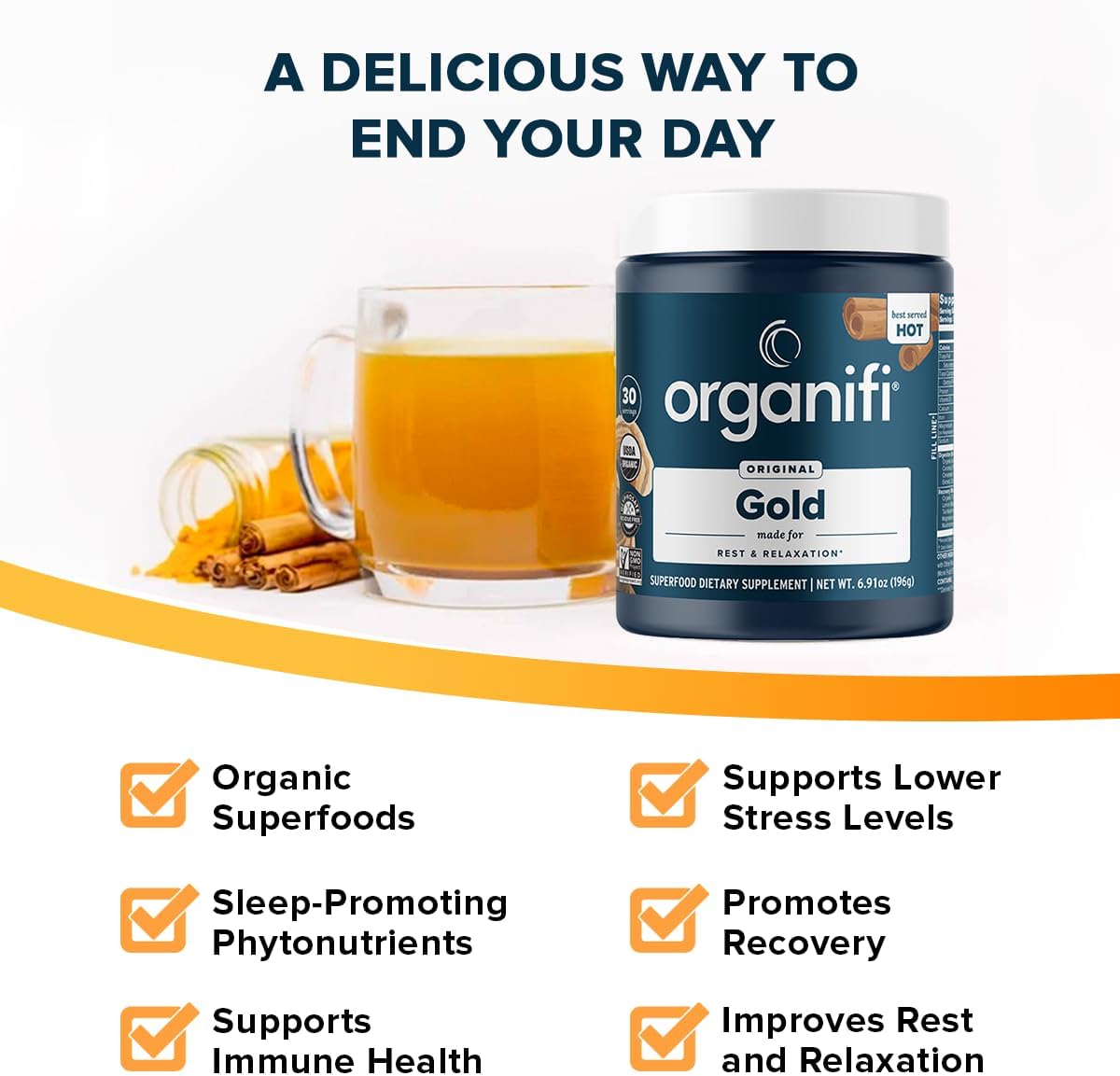 Organifi: Gold - Superfood Supplement Powder - 30 Servings - Stress Support, Better Rest, Relaxation and Promotes Restful Sleep - Turmeric and Reishi Infused Gsupps Australia