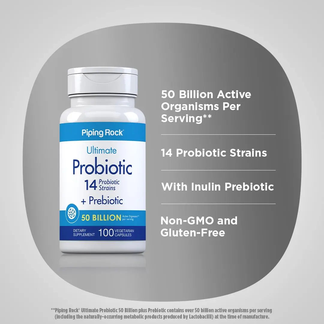 Piping Rock Probiotic and Prebiotic for Women and Men | 50 Billion CFU | 100 Capsules | Ultimate 14 Strain Supplement | Vegetarian, Non-GMO, Gluten Free Piping Rock