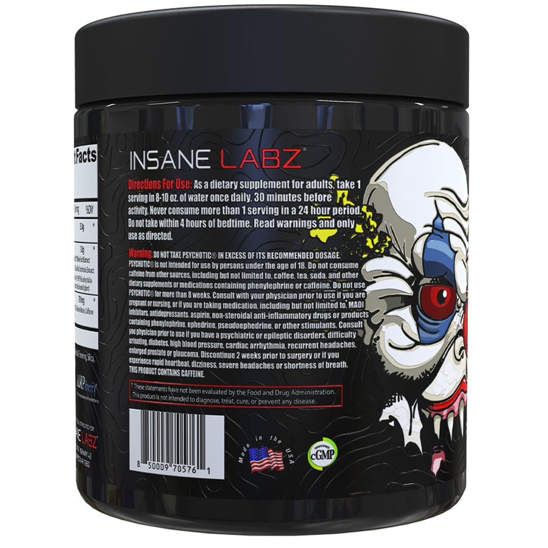 Insane Labz Psychotic Xtreme, High Stimulant Pre Workout Powder, Extreme Lasting Energy, Focus and Endurance with Beta Alanine, Panax Ginseng, Theobromine, DMAE (30 Servings, Fruit Punch)
