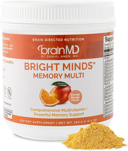BRAINMD Dr Amen BRIGHT MINDS Memory Multi, Orange Mango Flavor - 5.4 oz Powder - Multivitamin & Memory Support - Gluten Free, Sugar Free - 30 Servings