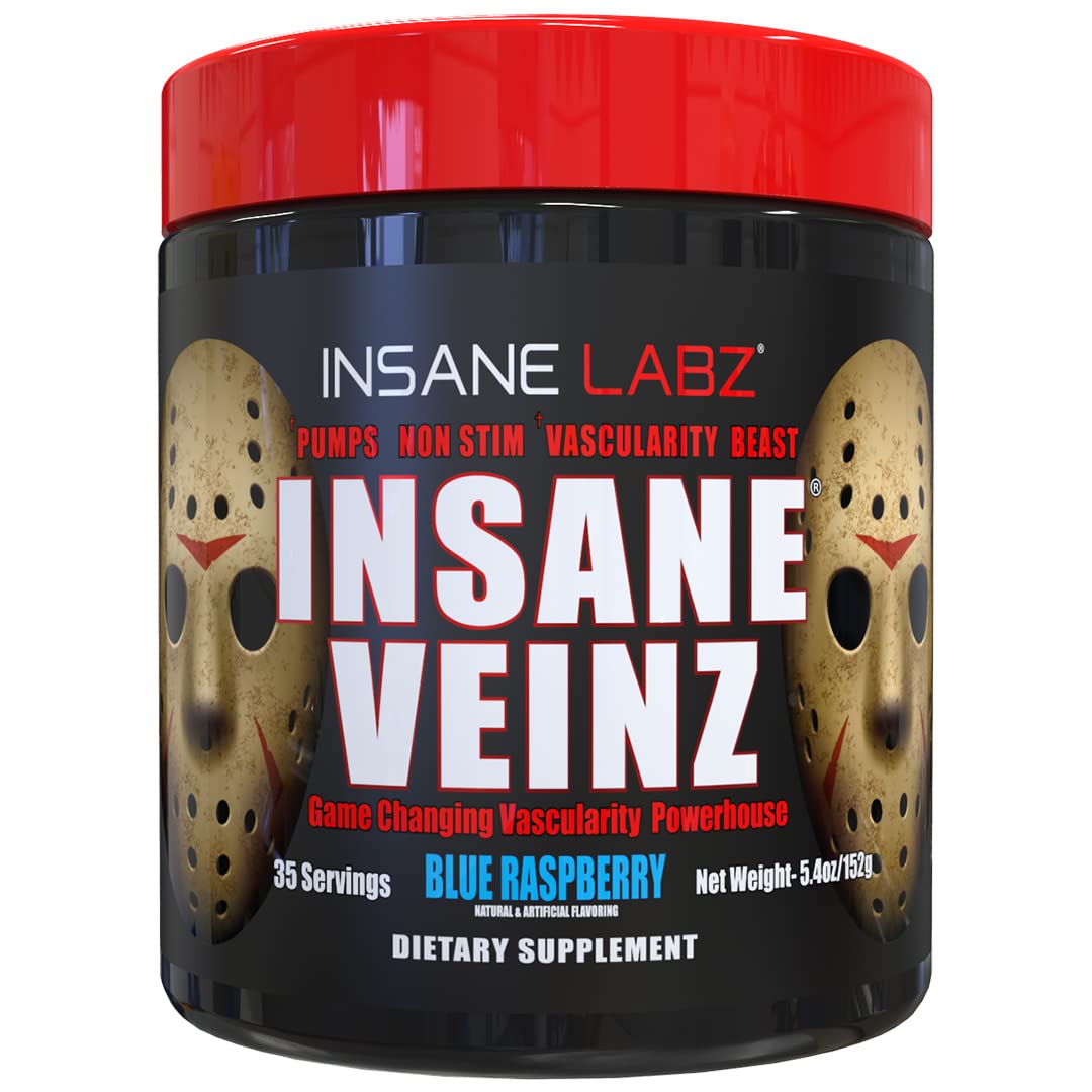 Insane Labz Insane Veinz Non Stimulant NO Enhancing Powder, Nitric Oxide Booster, Loaded with Agmatine Sulfate and Betaine Anhydrous, Increase Vascularity, 35 Srvgs, Fruit Punch