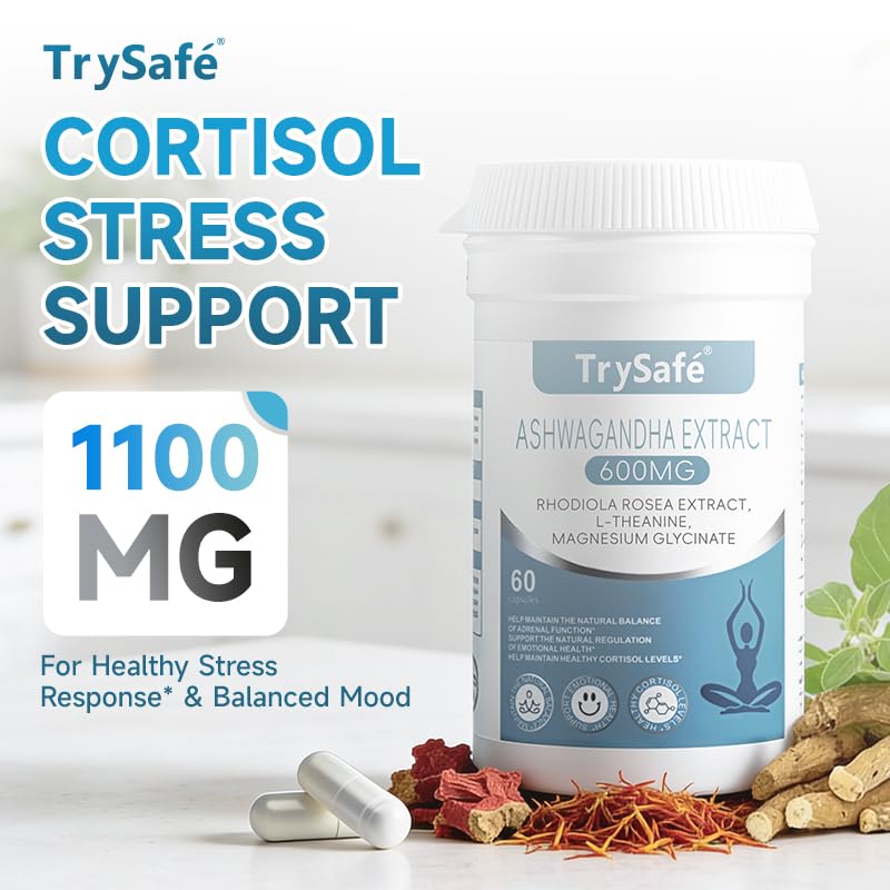 TrySafe 1100MG Cortisol Supplements for Women and Man with 600MG Ashwagandha, 200MG Rhodiola Rosea, 200MG L-Theanine, 100MG Magnesium Glycinate | for Healthy Stress Response*, Mood* TrySafe buy australia supplements