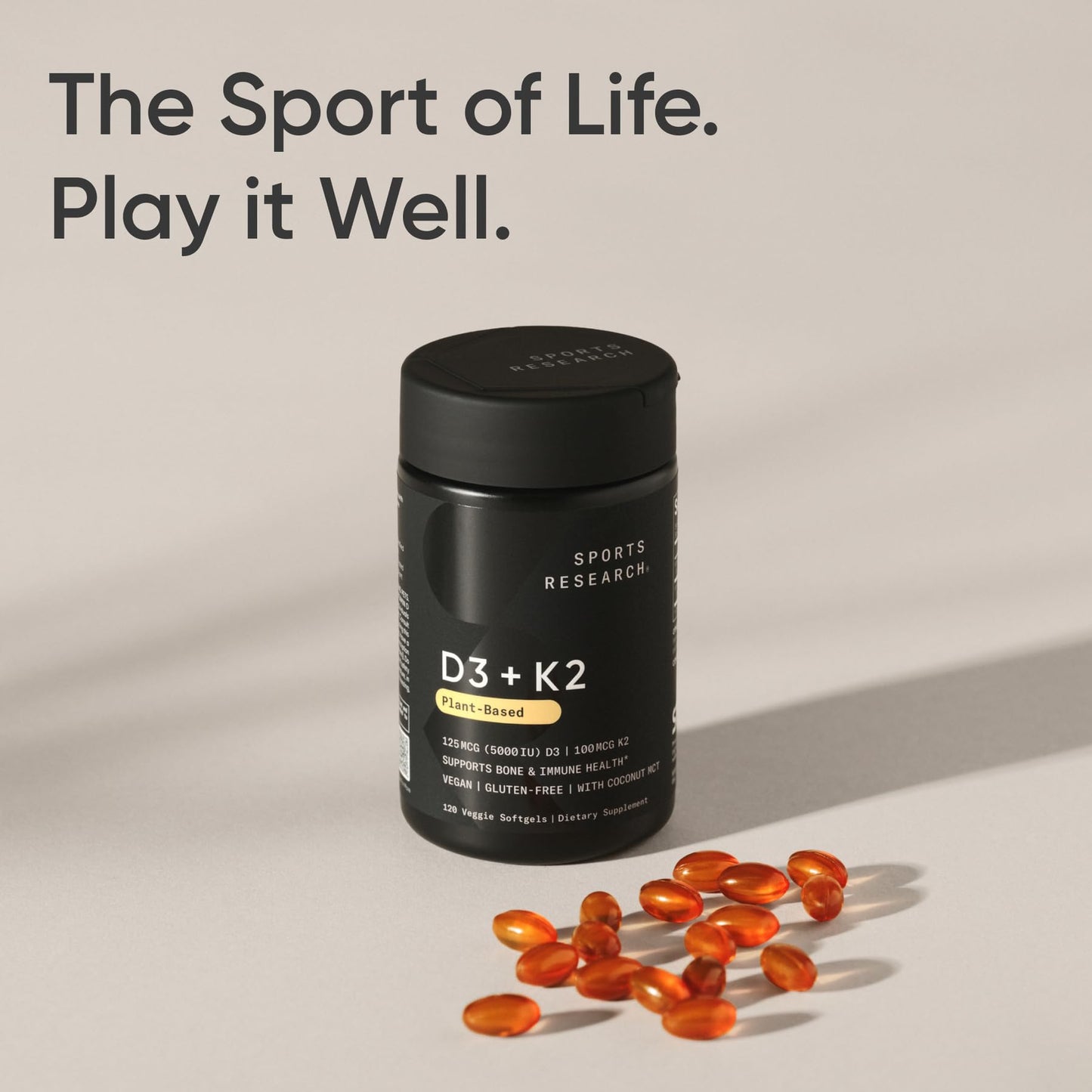Sports Research® Vegan Vitamin D3 + K2 w/Coconut Oil, 60 Count Plantgels™ | Plant-Based Vitamin D 5000iu/125mcg & Soy-Free Vitamin K 100mcg for Bone & Immune Support - Vegan Certified · Non-GMO Gsupps Australia