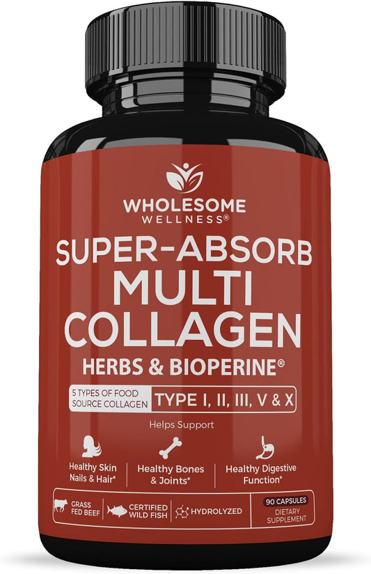 Wholesome Wellness Super-Absorb Multi Collagen Pills (Type I II III V X) Organic Herbs & Bioperine - Hair, Skin, Nails - Hydrolyzed Peptides Protein Supplement for Women & Men (90 Capsules) Gsupps Australia