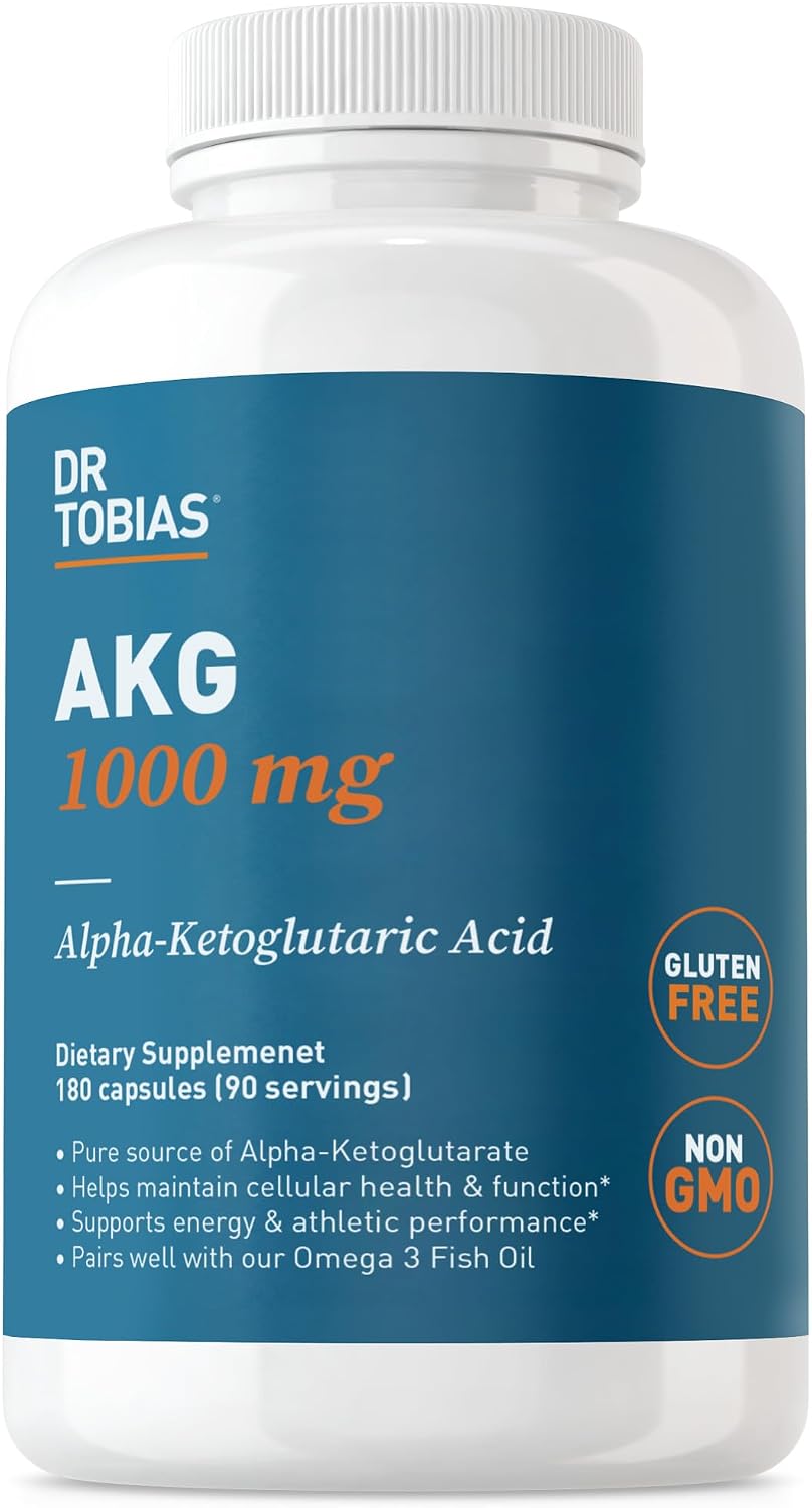 Dr. Tobias AKG Supplement 1000mg Bioavailable Alpha Ketoglutaric Acid | Cellular Energy & Nitric Oxide Flow | Vegan, Gluten-Free, Non-GMO | 180 Capsules 90 Servings