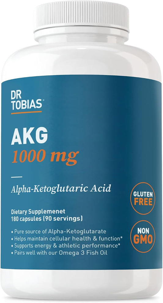 Dr. Tobias AKG Supplement 1000mg Bioavailable Alpha Ketoglutaric Acid | Cellular Energy & Nitric Oxide Flow | Vegan, Gluten-Free, Non-GMO | 180 Capsules 90 Servings