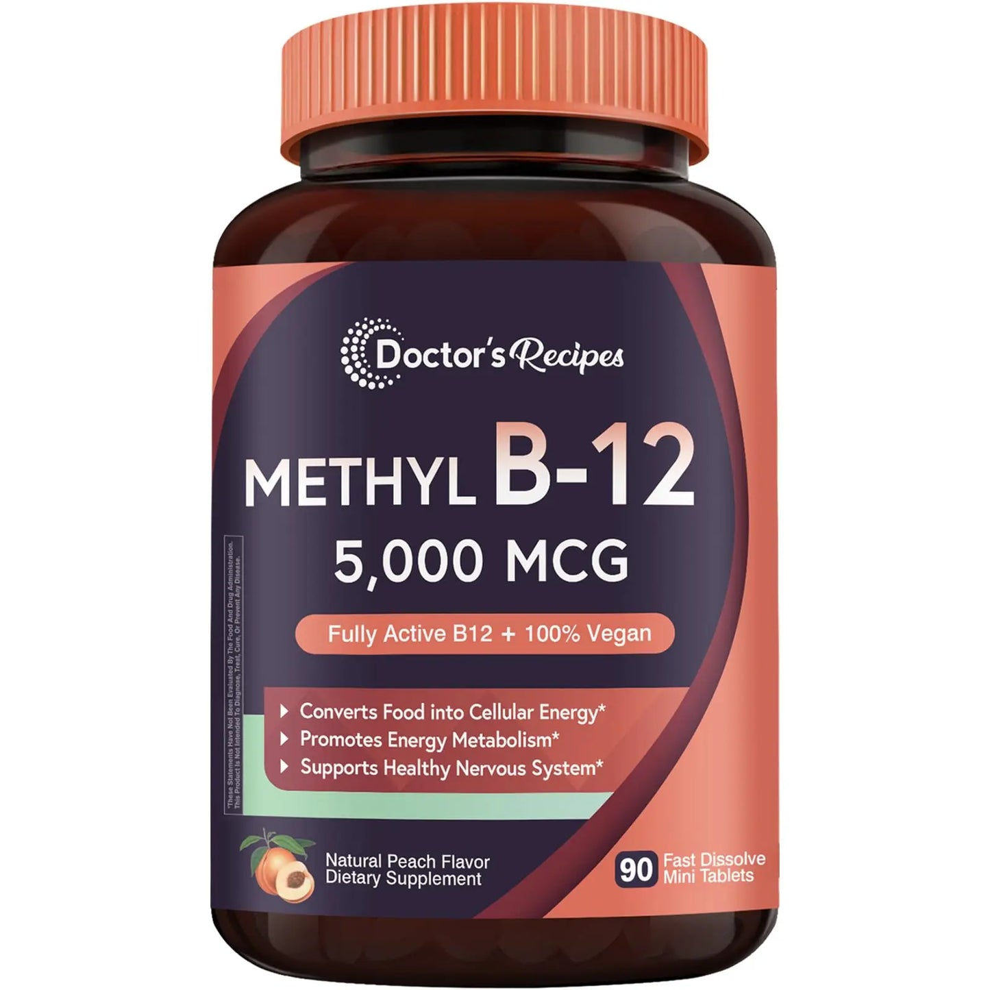 Doctor's Recipes Vitamin B12, Methylcobalamin 5000 mcg 90 Fast Dissolve Tablets, Natural Peach Flavor, Vegan Methyl, Energy Metabolism & Nervous System Doctor's Recipes