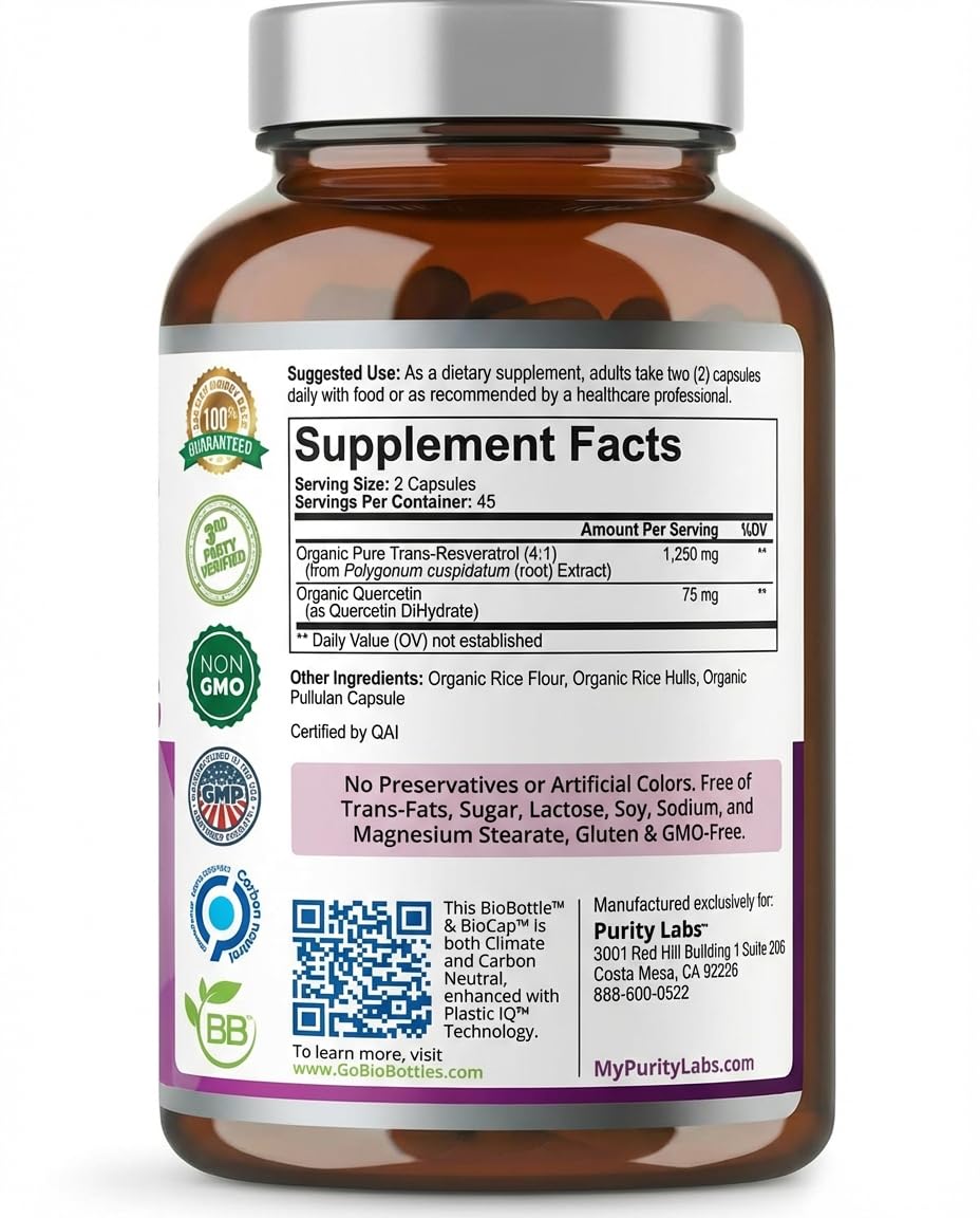 Purity Labs Trans-Resveratrol Supplement 5,000 mg Equivalent per Serving with Quercetin, USDA Organic High Potency Antioxidant, Purity Labs