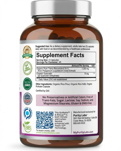 Purity Labs Trans-Resveratrol Supplement 5,000 mg Equivalent per Serving with Quercetin, USDA Organic High Potency Antioxidant, Purity Labs