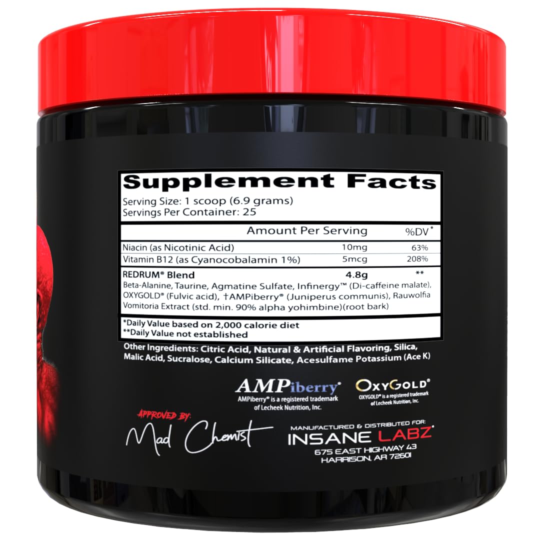 Insane Labz Redrum High Stim Pre Workout NO Booster Powder, Loaded with Beta Alanine Agmatine Sulfate Taurine Fueled by AMPiberry, OXYgold,Focus Strength Recovery,25 Srvgs Devil's Blood Black Cherry