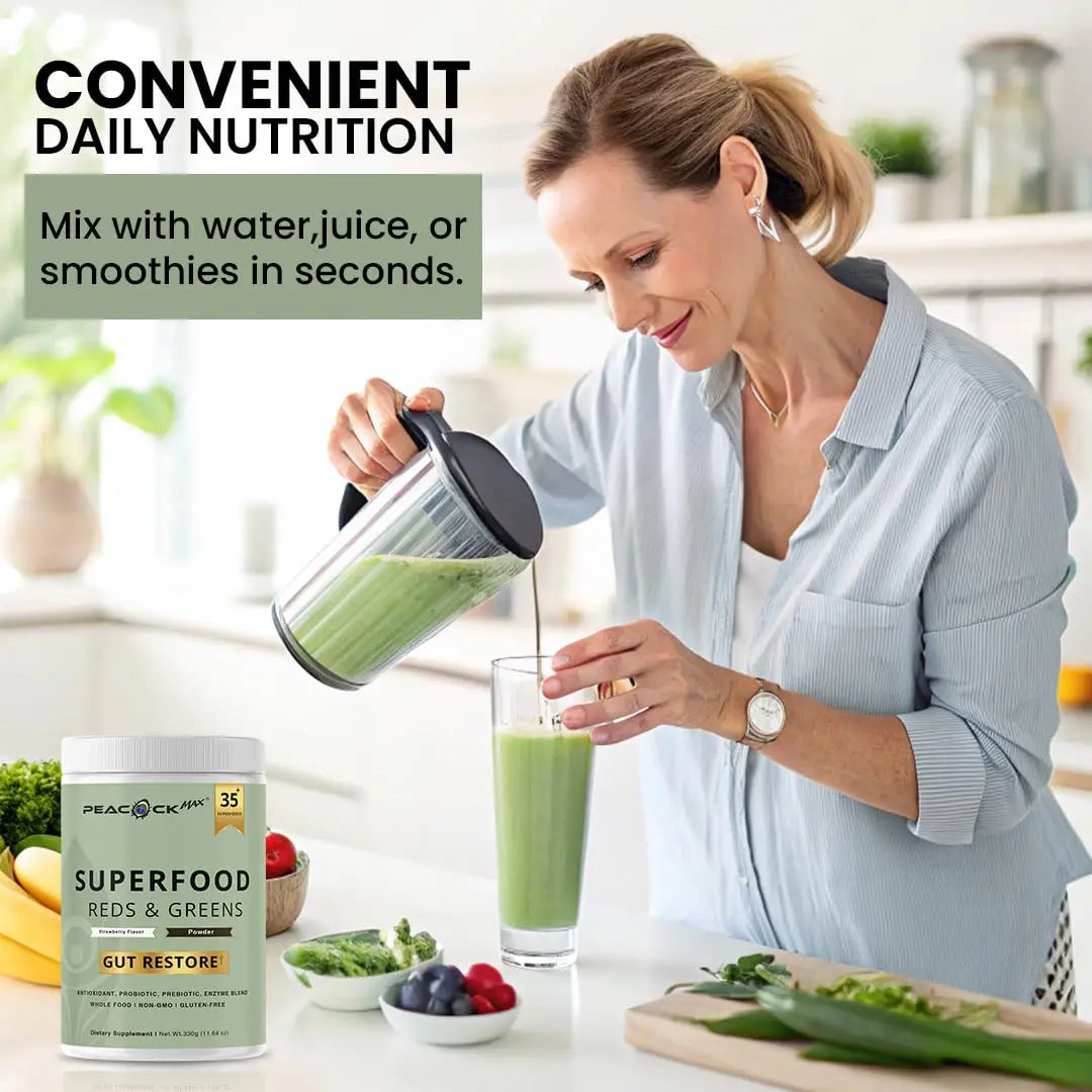 Superfood Reds & Greens Powder - 11.64 oz, Prebiotics & Probiotics for Digestive Health, Super Greens Powder with Ashwagandha for Gut Health, Immunity, Antioxidants, Peacock Max