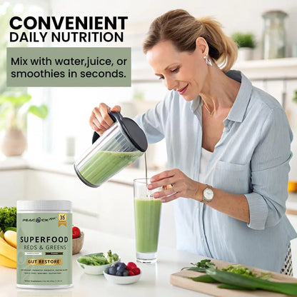 Superfood Reds & Greens Powder - 11.64 oz, Prebiotics & Probiotics for Digestive Health, Super Greens Powder with Ashwagandha for Gut Health, Immunity, Antioxidants, Peacock Max