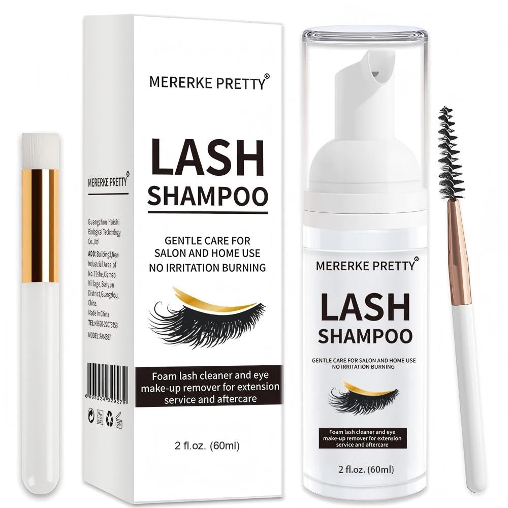 Mererke_Pretty Eyelash Extension Shampoo 60 ml + Brush - Eyelid Foaming Cleanser - Sensitive Paraben & Sulfate Free - Eyelash Wash and Lash Bath for Extensions - Salon Use and Home Care Mererke_Pretty