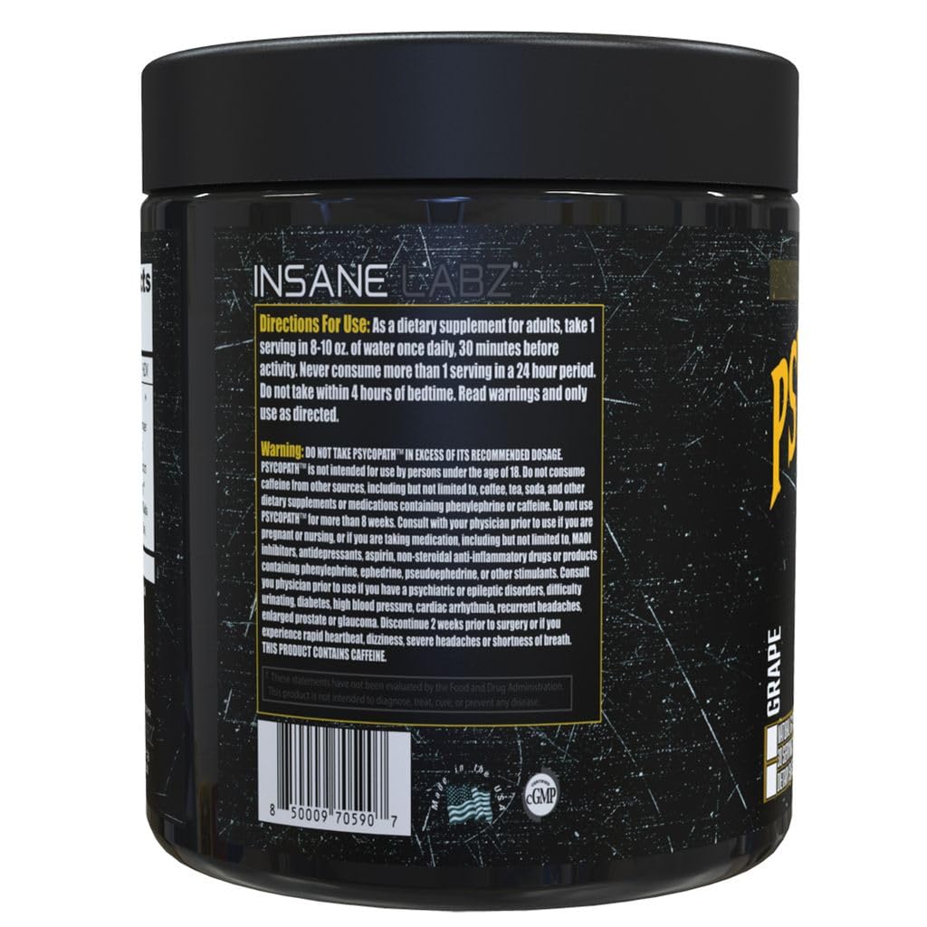 Psychopath, High Stimulant, Insane Energy, Focus and Endurance Preworkout Powder with Panax Ginseng, Rhodiola, Red Sage Root & Rauwolfia (30, Blue Raspberry)