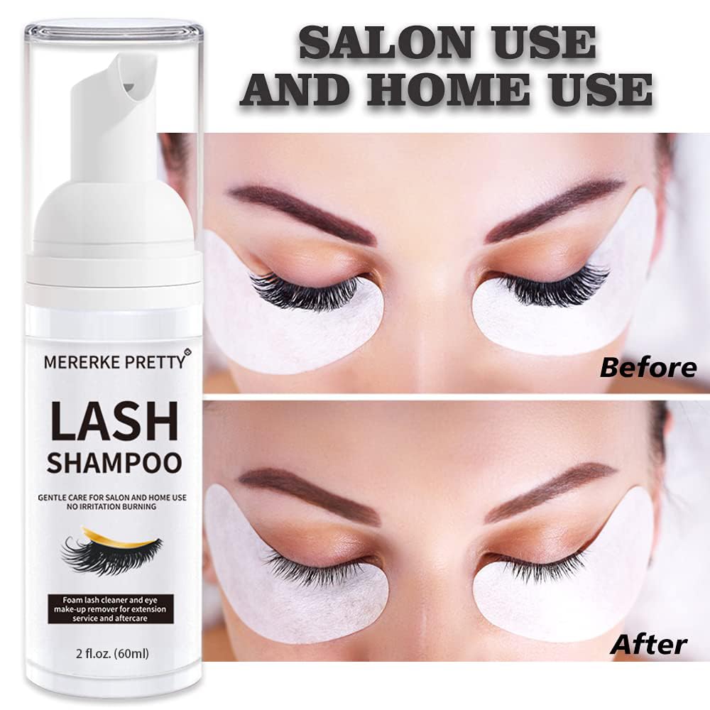 Mererke_Pretty Eyelash Extension Shampoo 60 ml + Brush - Eyelid Foaming Cleanser - Sensitive Paraben & Sulfate Free - Eyelash Wash and Lash Bath for Extensions - Salon Use and Home Care Mererke_Pretty