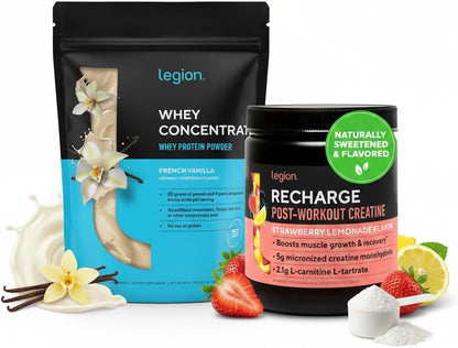LEGION Post Workout Recovery Stack – Recharge Creatine Post Workout Drink (Strawberry Lemonade) + Whey Protein Powder (Vanilla) – Muscle Growth, Strength & Recovery Support – 30 Servings Each