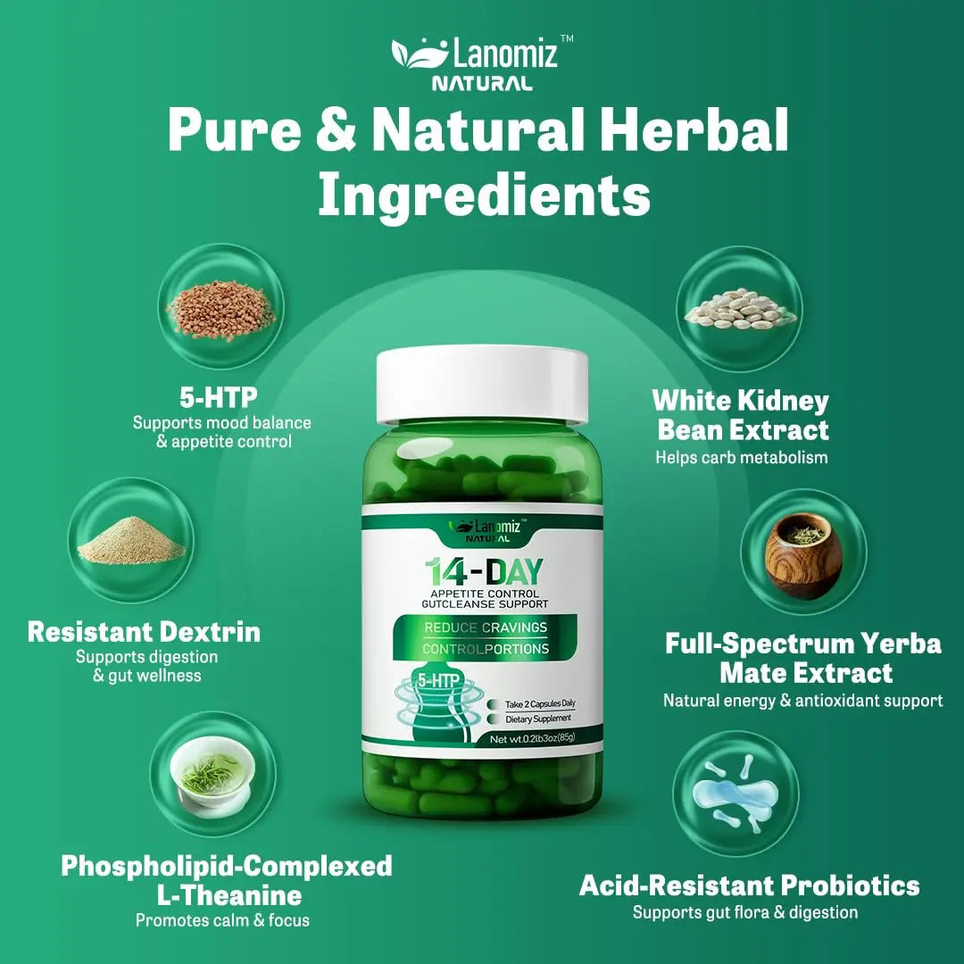 Lanomiz 14DAY Appetite & Craving Control Gut Health Complex Featuring Delayed-Release Probiotics & White Kidney Bean Extract 5-HTP Lanomiz