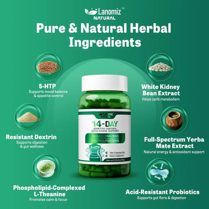 Lanomiz 14DAY Appetite & Craving Control Gut Health Complex Featuring Delayed-Release Probiotics & White Kidney Bean Extract 5-HTP Lanomiz