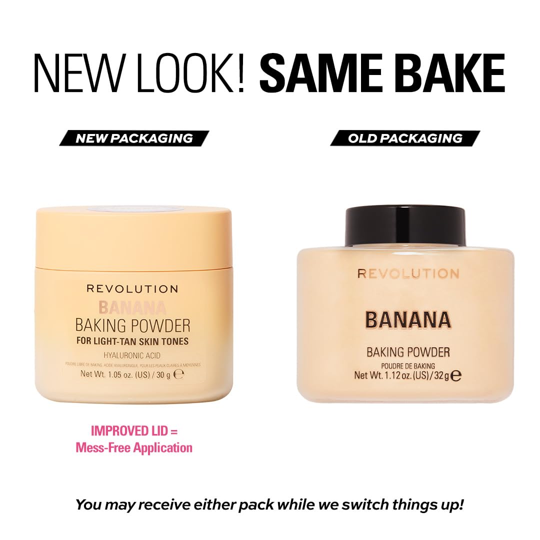 Revolution Beauty, Loose Baking Powder, Makeup Setting Powder, Long Lasting Coverage, Mattifies & Reduces Shine, Banana, 1.12 Oz Makeup Revolution