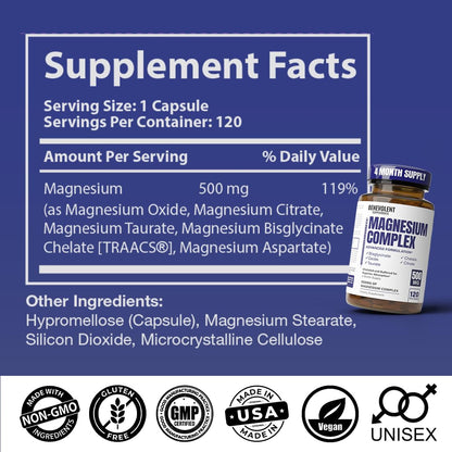 Premium Magnesium Capsules 500mg, High Absorption Formula Chelated Buffered Citrate to Support Digestion, Bone, Sleep & Muscle Health Benevolent Nourishment