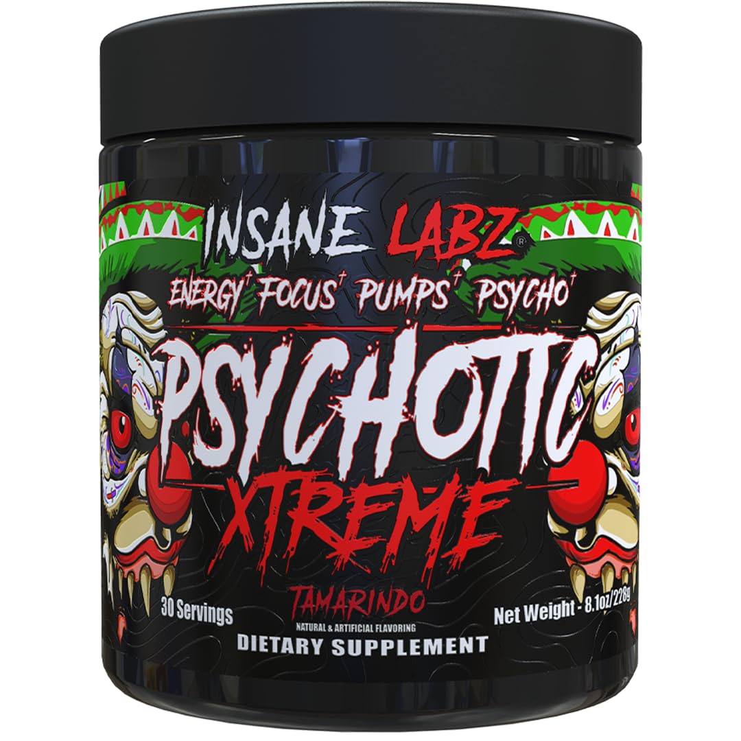 Insane Labz Psychotic Xtreme, High Stimulant Pre Workout Powder, Extreme Lasting Energy, Focus and Endurance with Beta Alanine, Panax Ginseng, Theobromine, DMAE (30 Servings, Fruit Punch)