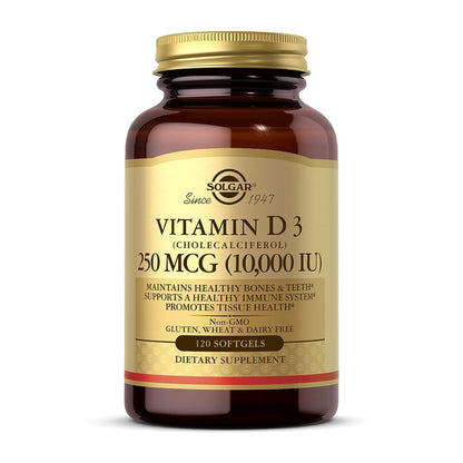Solgar Vitamin D3 (Cholecalciferol) 250 MCG (10,000 IU), 120 Softgels - Helps Maintain Healthy Bones & Teeth - Immune System Support Solgar