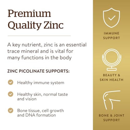 Solgar Zinc Picolinate 22 mg, 100 Tablets - Promotes Healthy Skin - Supports Immune System, Normal Taste & Vision - Antioxidant – Non-GMO, Vegan Solgar