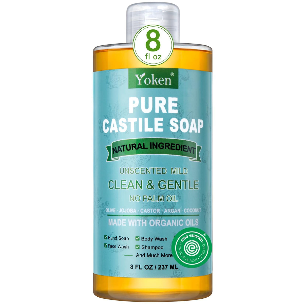 Yoken Pure Castile Liquid Soap 8 Oz Unscented with Organic Oil EWG Verified Yoken