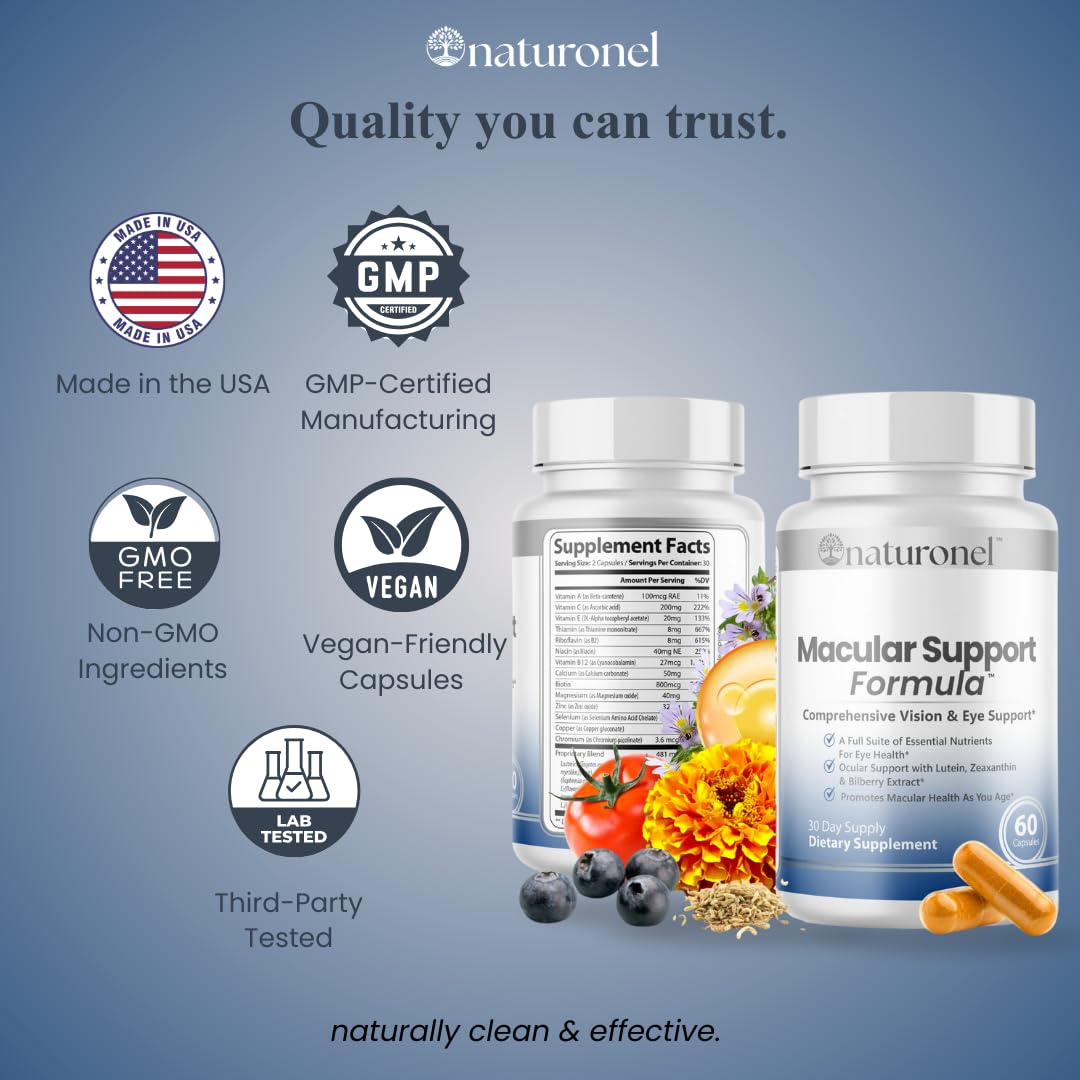 Naturonel Macular Support Formula – Vision & Eye Health with Lutein, Zeaxanthin, Bilberry, Eyebright & Antioxidants | Non-GMO, Made in USA, GMP Certified – 60 Capsules, 30 Day Supply (1) Naturonel buy australia supplements