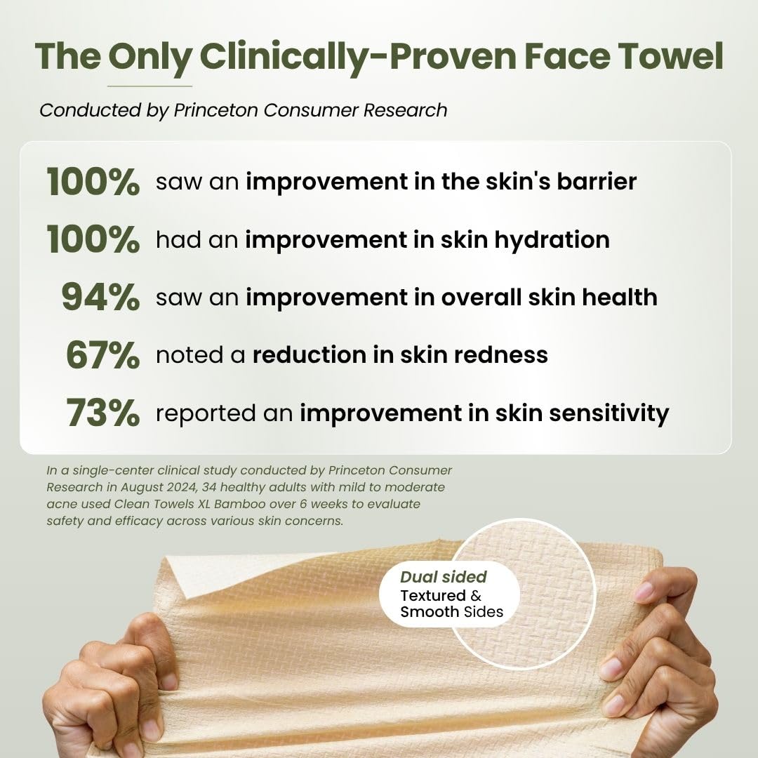 Clean Skin Club Bamboo Viscose Clean Towels® XL 100% USDA Biobased Face Towel, Disposable Face Towelette, Makeup Remover Dry Wipes, Ultra Soft, 50 Ct, 1 Pack CLEAN SKIN CLUB